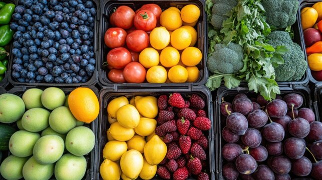 Assorted fresh ripe berries and fruits in plastic containers including blueberries raspberries grapes s lemons and tomatoes for healthy eating and colorful food display - Powered by Adobe