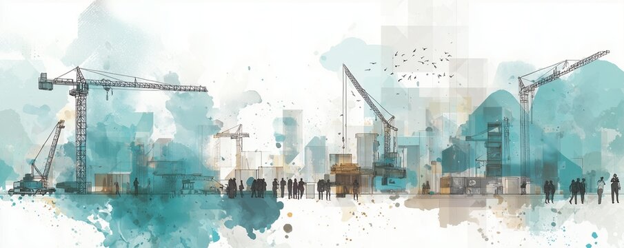 Watercolor illustration of a city under construction with cranes and people silhouettes, rendered in soft blue and beige tones, concept for urban planning and architectural visualization