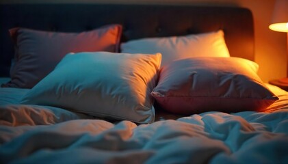 Close-up of two pillows nestled together on a bed, suggesting intimacy and whispered conversations after dark  Soft lighting enhances the cozy atmosphere ,  cotton,  soft,  duvet