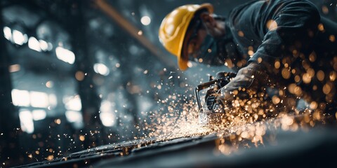 Man in hardhat using angle grinder on metal with flying sparks, concept for industrial production, metalworking safety and construction site