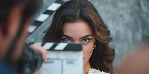 Close-up of a beautiful woman with green eyes looking over a clapperboard during a film shoot. Concept for movie production, beauty campaign and cinematic fashion shoot
