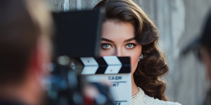 A stunning woman with blue eyes holds a clapperboard in front of her face near wall. Concept for filmmaking, movie industry promotion and behind the scenes video production advertising
