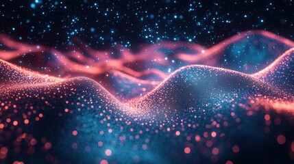 Abstract digital landscape with glowing particles and flowing waveforms in vibrant pink and blue hues for futuristic technology and data visualization themes