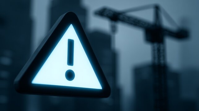 Dynamic cityscape, triangular sign and modern architecture in urban landscape photography.