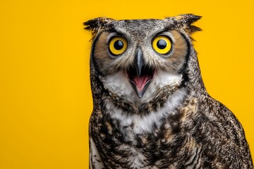 Fototapeta premium Close-up portrait of a great horned owl with surprised expression against a yellow background. Concept for educational content, wildlife photography and avian research