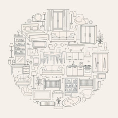 Vector vector art of collection of handdrawn furniture and home decor items arranged in a circle, transparent background