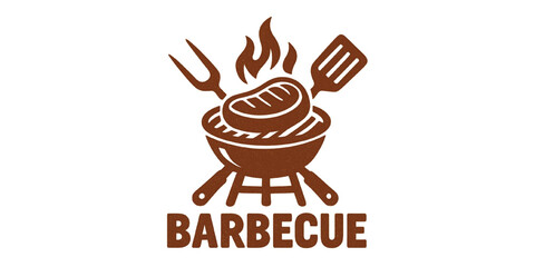 Minimalist logo Barbecue restaurant  concept. Logo of Barbecue, Grill and Bar with fire, grill fork and spatula. BBQ logo template. Grunge texture. Vector illustration