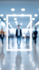 Blurry motion, people walking in a large room, creating dynamic and abstract scene.