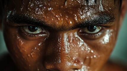 Close-up of a Sweating Man's Face with Intense Eyes