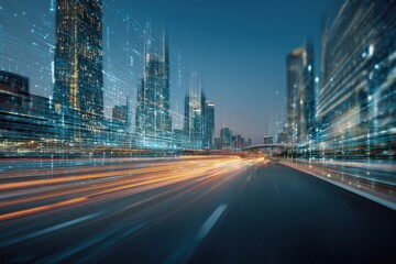 Cityscape at Night with Digital Overlay