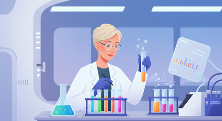 Scientist conducting research in a modern laboratory with colorful test tubes and data analysis