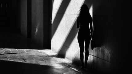 A Silhouette of a Woman Standing in a Shadowy Urban Setting