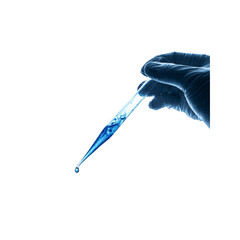 Gloved Hand Holding Pipette with Blue Liquid Droplet