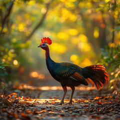 Rooster standing in a forest.