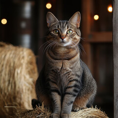 Cat sitting on hay pile.