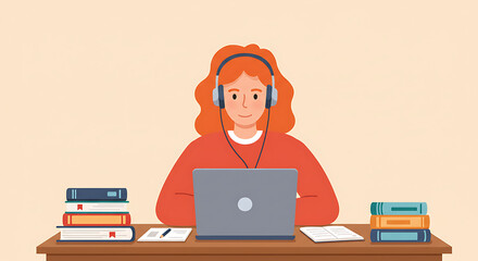 Female student engaged in e-learning, listening to an online course with a laptop and headphones