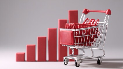 Shopping cart with red bags in front of a rising bar graph