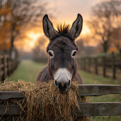 Donkey eating hay in a fence.