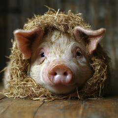 A pig with a straw on its head.