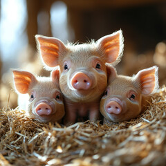 little pigs in hay pile.