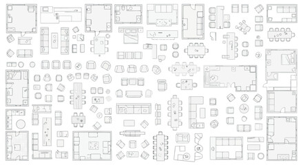 Vector vector art of top view floor plan layouts of various rooms with furniture, transparent background
