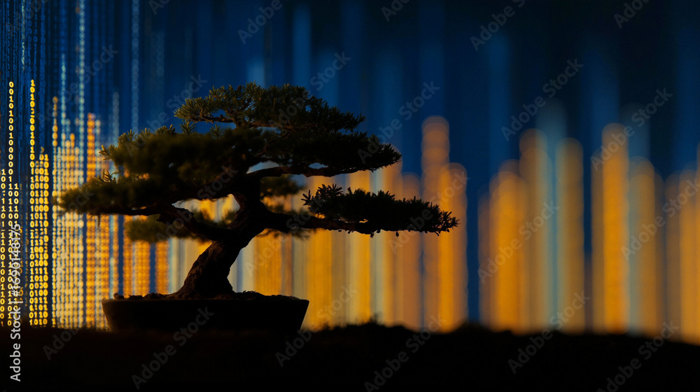 Wall mural bonsai tree silhouette with binary code background. digital data stream and abstract light lines. na