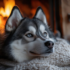 Husky dog lying on a blanket in front of a fireplace.