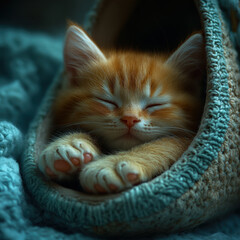Kitten sleeping peacefully in a cozy blanket.
