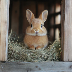Small rabbit sitting in wooden box.