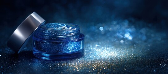 Vibrant photo of luxurious cosmetic jar with an open lid, containing blue gel cream and glitter on the surface. the background is dark blue, creating a magical atmosphere. in.