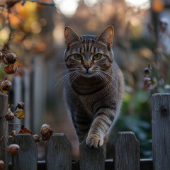 Cat walking on wooden fence.