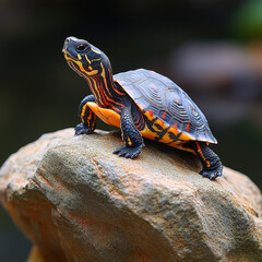 Turtle perched on rock.