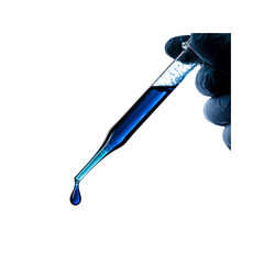 Gloved Hand Holding Pipette with Blue Liquid Droplet