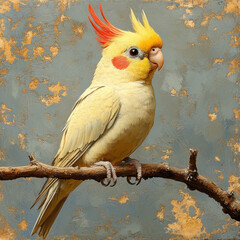 Yellow bird with red mohawk in painting.