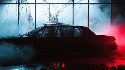Silhouette of a Police Car with Shattered Window and Red Lights in the Night