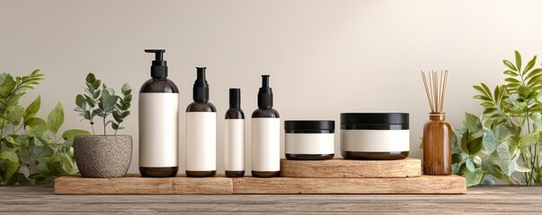 Display of dark-colored cosmetic bottles and jars on a wooden shelf with greenery