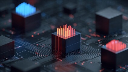 Abstract Circuit Board with Illuminated Cubes