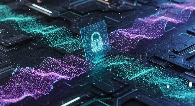 Digital Security Lock Icon on Futuristic Circuit Board with Data Streams.
