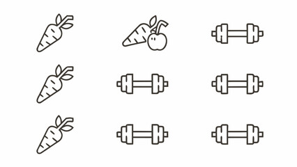 Illustration showing carrots and dumbbells arranged in a grid pattern on a plain white background surface