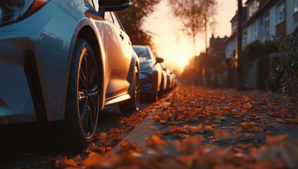 Autumnal street scene with parked cars at sunset