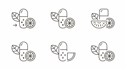 Collection of outlined vitamin capsules with leaves and citrus slices in a linear arrangement
