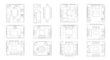 Vector vector art of collection of floor plan sketches for various rooms and furniture arrangements transparent background