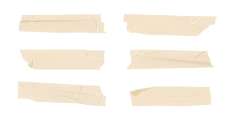 Gray adhesive tape set isolated on a transparent PNG background. Torn masking tape, paper sticker with ripped edges. Realistic scotch template mockup for labels, messages, text, and design elements.