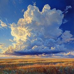 Field with clouds in the sky.