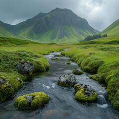 Stream flowing through lush green valley.