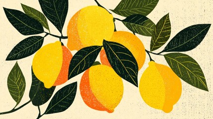 illustration of yellow lemons with green leaves
