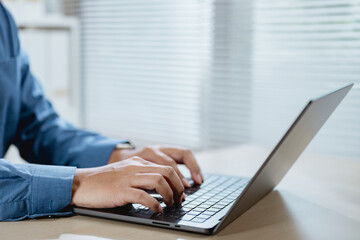 Businessperson hand using laptop. Woman freelancer typing job search. Freelance writing using notebook computer online digital marketing. Programmer software engineer developer. searching internet.