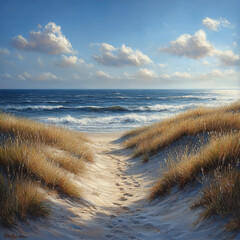 Path leading to the beach in a painting.