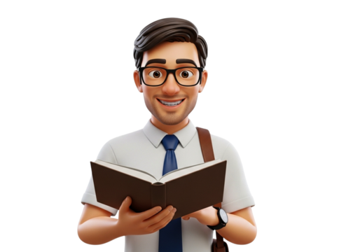 Cheerful 3d man with glasses reading a book, isolated on transparent background, showcasing a love for learning and knowledge in a modern style - Powered by Adobe