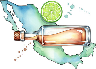 A diverse illustration set of the Mexico map as a cute character, celebrating cultural festivals like Fiesta and Day of the Dead with a sombrero, mariachi guitar, tacos, tequila, sugar skulls, and cac